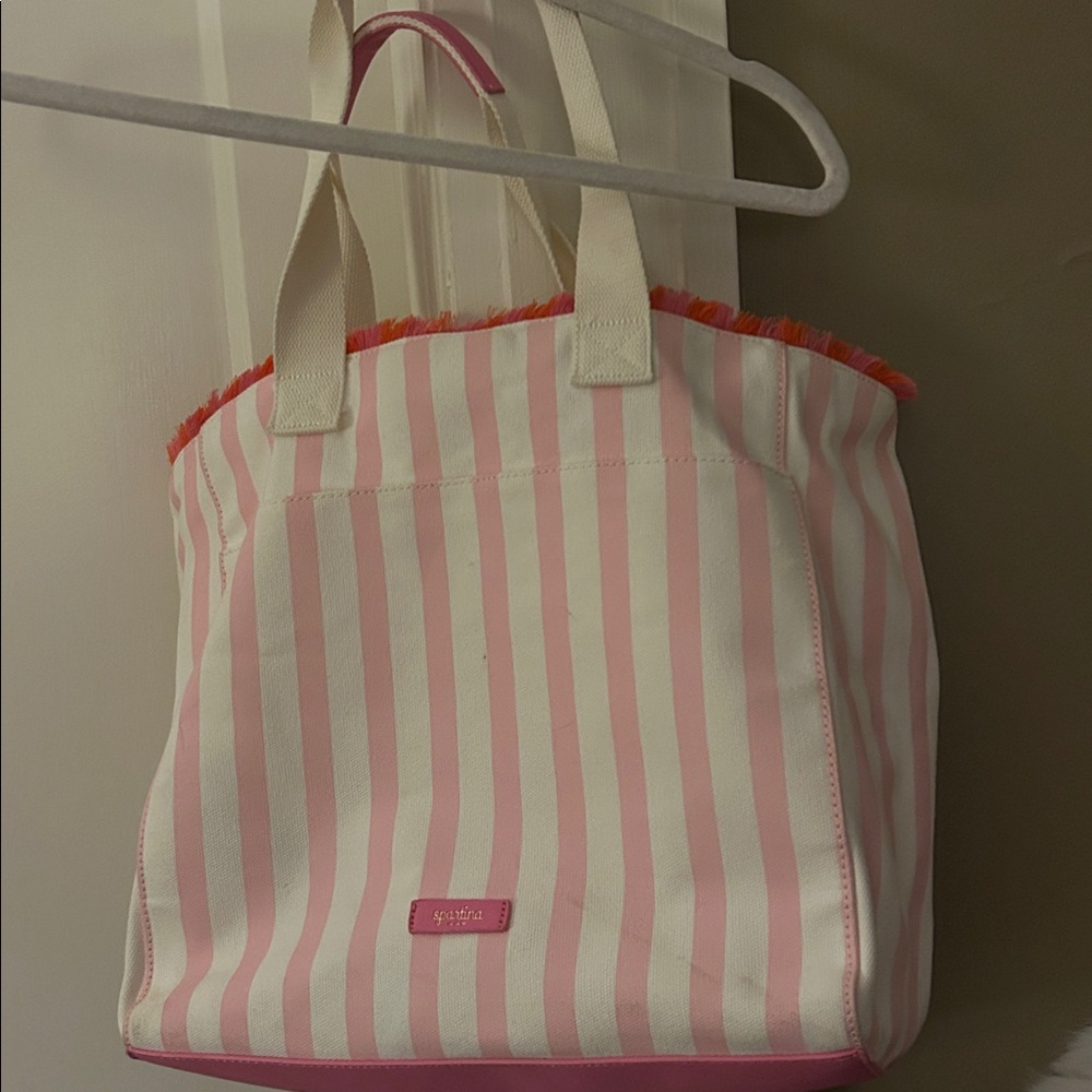 NWT Spartina 449 Pink & White Striped Moreland Pineapple Embroidered Beach Tote - Picture 7 of 8